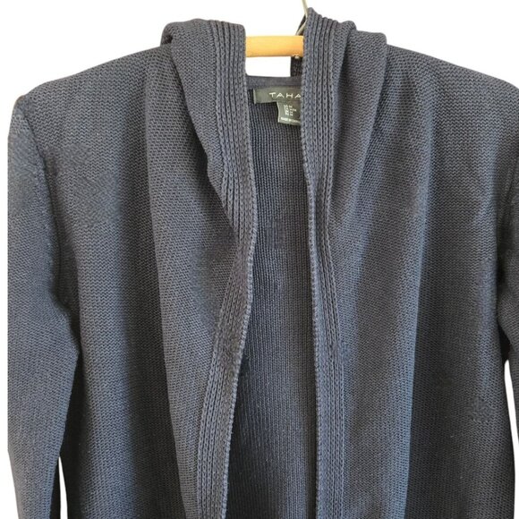 Tahari Open Front Hooded Knit Cardigan Sweater Navy Blue Pockets - Picture 3 of 5